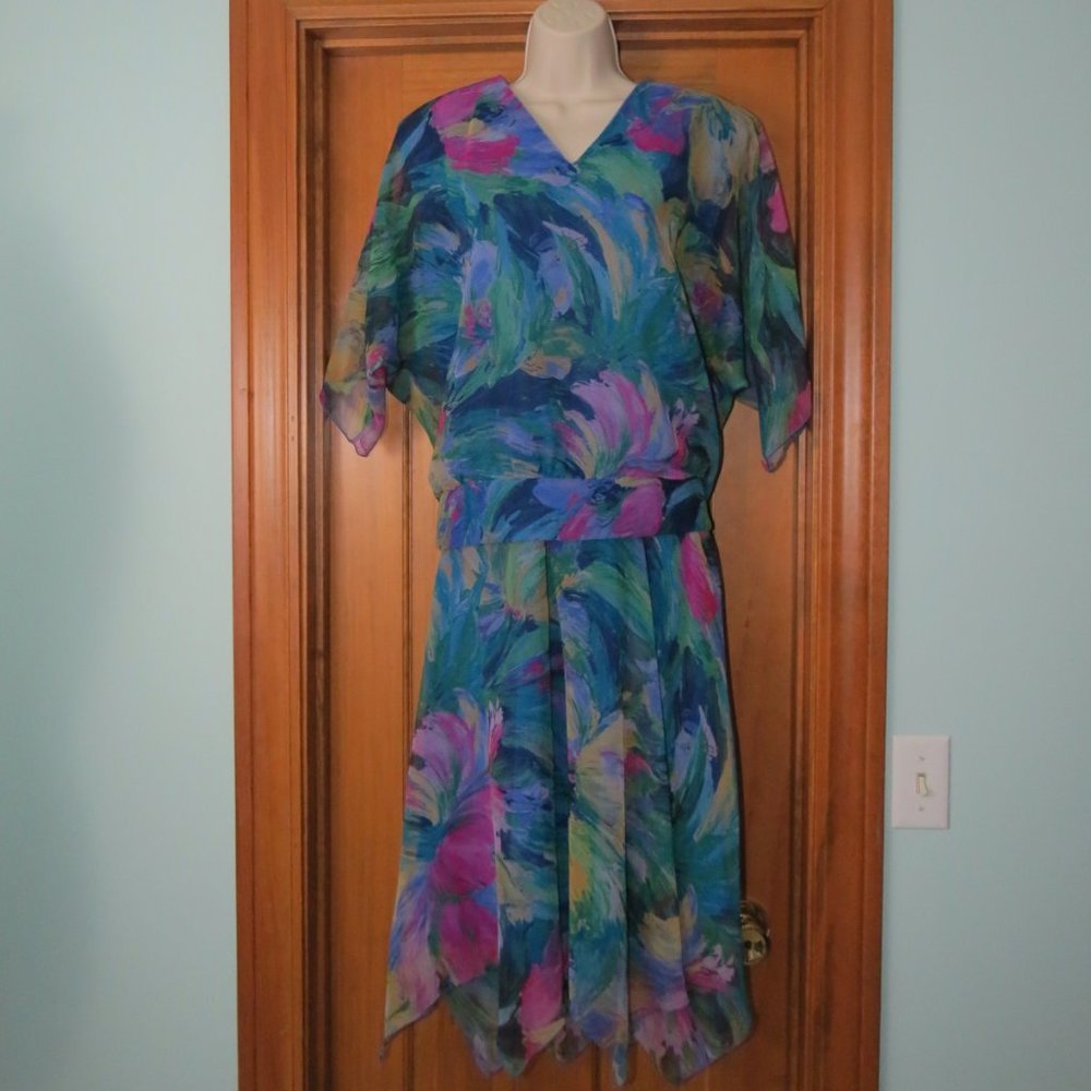 Siasia New York 2 Piece Dress Floral Chiffon Lined Multicolor Blouson